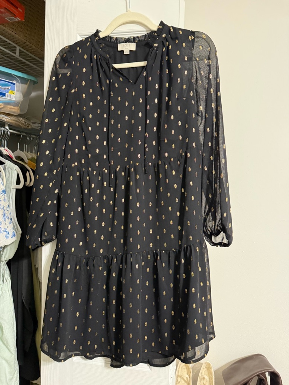 LOFT Black Long-Sleeve Tiered Mini Dress with Gold Dot Accent